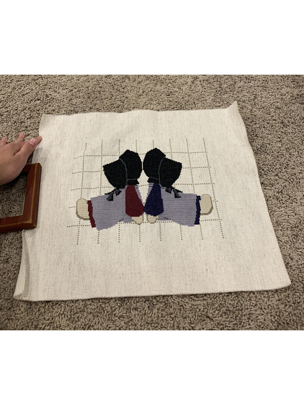 Cross Stitched Completed Two Maid Dolls Sitting Back To Back Wall Art